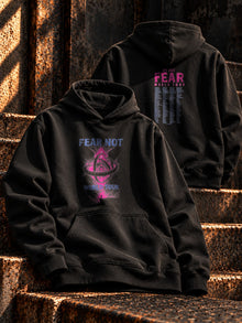 Fear Not World Tour Hoodie in black with pink and blue print, front and back view, Nephilim Death Squad