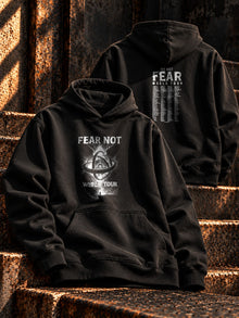 Fear Not World Tour Hoodie in black with white print, front and back view, Nephilim Death Squad