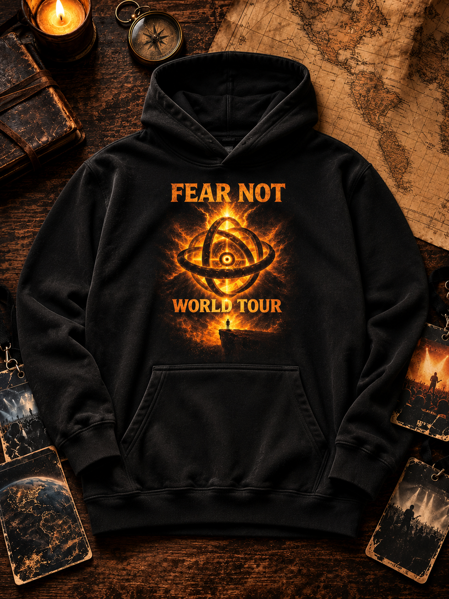 Fear Not World Tour Hoodie in black with orange print, TopLobsta flat lay