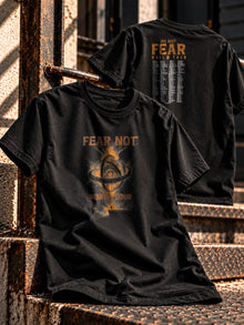 Fear Not World Tour Bundle: Tee + Hat – Fear Not World Tour T-Shirt in black with orange print, front and back view, Nep