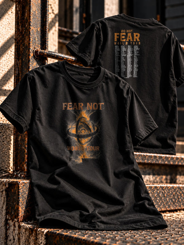 Fear Not World Tour T-Shirt in black with orange print, front and back view, Nephilim Death Squad