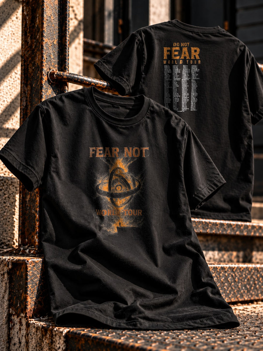 Fear Not World Tour T-Shirt in black with orange print, front and back view, Nephilim Death Squad