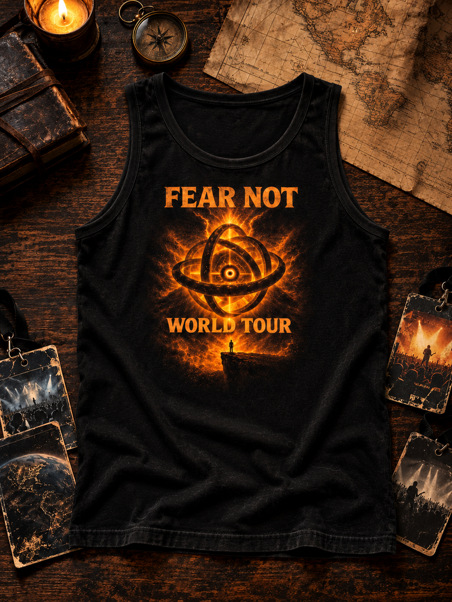 Fear Not World Tour Tank Top in black with orange print, TopLobsta flat lay