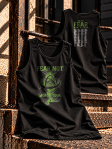 Fear Not World Tour Tank Top in black with green print, front and back view, Nephilim Death Squad