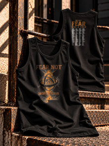 Fear Not World Tour Tank Top in black with orange print, front and back view, Nephilim Death Squad