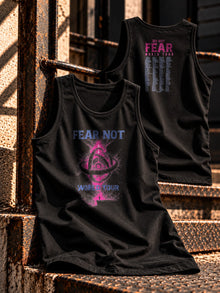 Fear Not World Tour Tank Top in black with pink and blue print, front and back view, Nephilim Death Squad