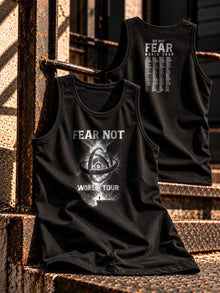 Fear Not World Tour Tank Top in black with white print, front and back view, Nephilim Death Squad