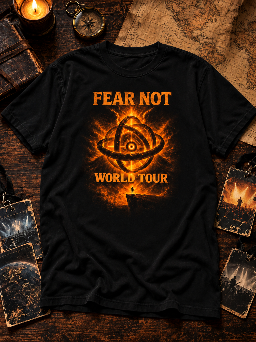 Fear Not World Tour T-Shirt in black with orange print, TopLobsta flat lay