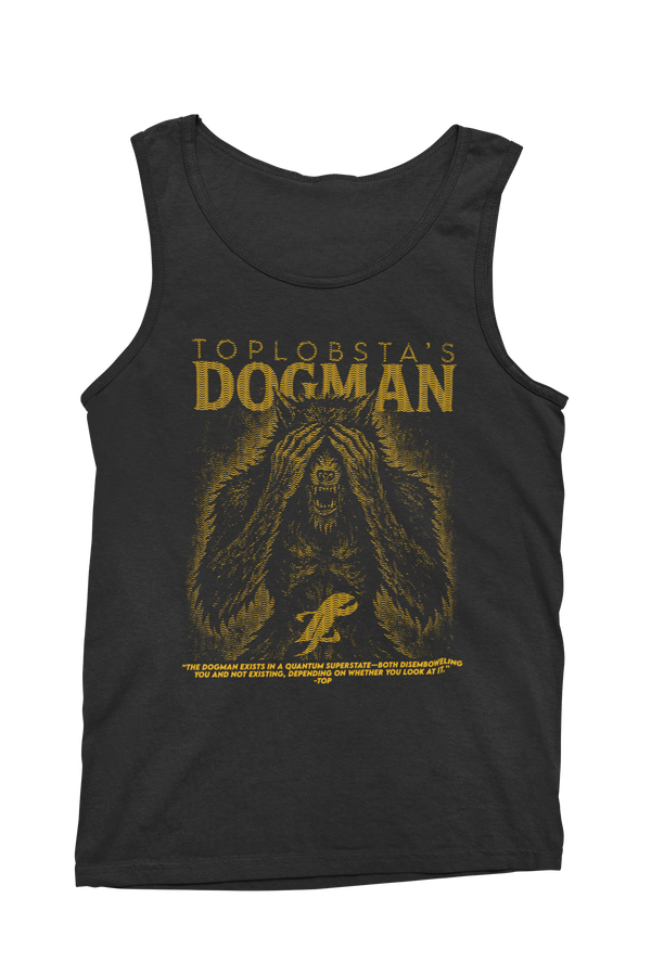 TopLobsta’s Dogman Tank Top by TopLobsta – yellow woodcut Dogman cryptid covering its eyes