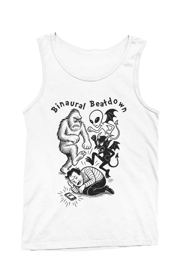 Binaural Beatdown Tank Top by TopLobsta – white line art of Bigfoot, a grey alien and a devil jumping a man next to his phone