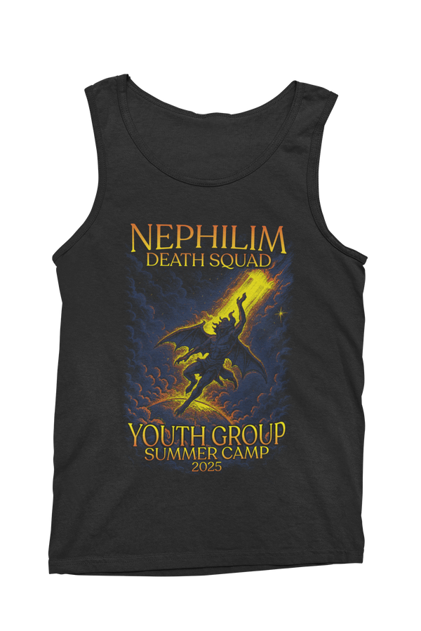 NDS Youth Group Summer Camp 2025 Tank Top by Nephilim Death Squad – winged nephilim rising into a yellow beam of light in an orange serif frame