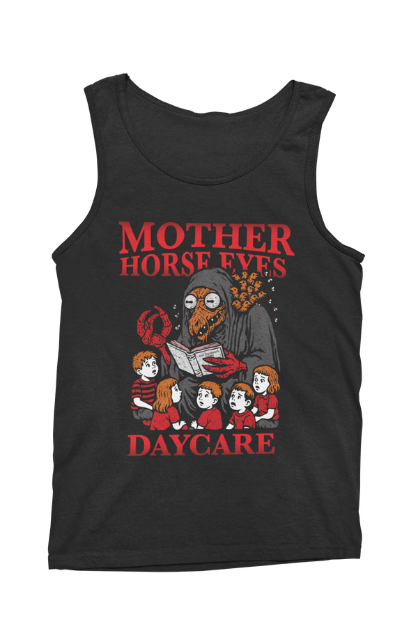 Mother Horse Eyes Daycare Tank Top by TopLobsta – hooded Mother Horse Eyes creature reading The Interface Series to children, red text