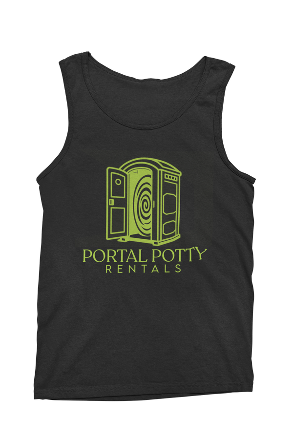 Portal Potty Rentals Tank Top by TopLobsta – lime green porta-potty with a swirling portal inside and green text