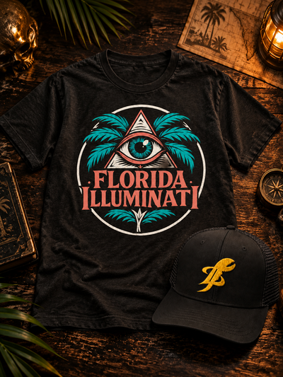 Florida Illuminati Bundle: black Florida Illuminati tee and black TopLobsta claw logo trucker hat