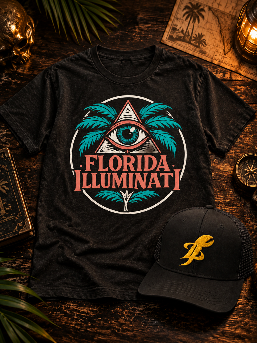 Florida Illuminati Bundle: black Florida Illuminati tee and black TopLobsta claw logo trucker hat