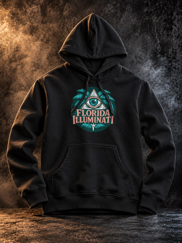 Florida Illuminati black hoodie by TopLobsta with teal all-seeing eye, palm leaves and salmon lettering
