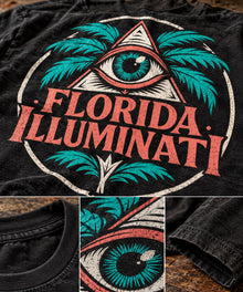 Florida Illuminati T-Shirt close-ups: distressed front print, all-seeing eye detail, neck ribbing and sleeve hem