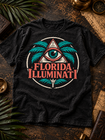 Florida Illuminati T-Shirt by TopLobsta - black Tultex tee with teal palm trees and all-seeing eye circle badge, front view