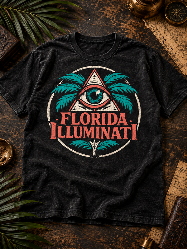 Florida Illuminati T-Shirt by TopLobsta - black Tultex tee with teal palm trees and all-seeing eye circle badge, front view