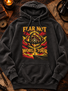 Fear Not World Tour 2.0 Hoodie by TopLobsta, Premium version on Comfort Colors 1567 Pepper hoodie, Red print, flat-lay