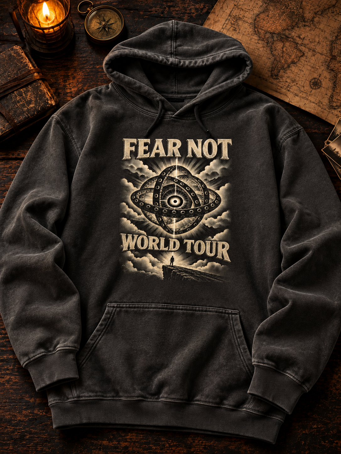 Fear Not World Tour 2.0 Hoodie by TopLobsta, Premium version on Comfort Colors 1567 Pepper hoodie, Vintage print, flat-lay