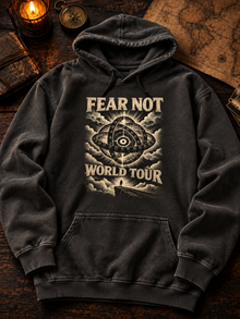Fear Not World Tour 2.0 Hoodie by TopLobsta, Premium version on Comfort Colors 1567 Pepper hoodie, Vintage print, flat-lay