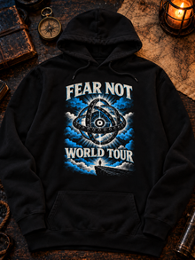 Fear Not World Tour 2.0 Hoodie by TopLobsta, Regular version on Tultex 320 black hoodie, Blue print, flat-lay