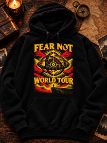 Fear Not World Tour 2.0 Hoodie by TopLobsta, Regular version on Tultex 320 black hoodie, Red print, flat-lay