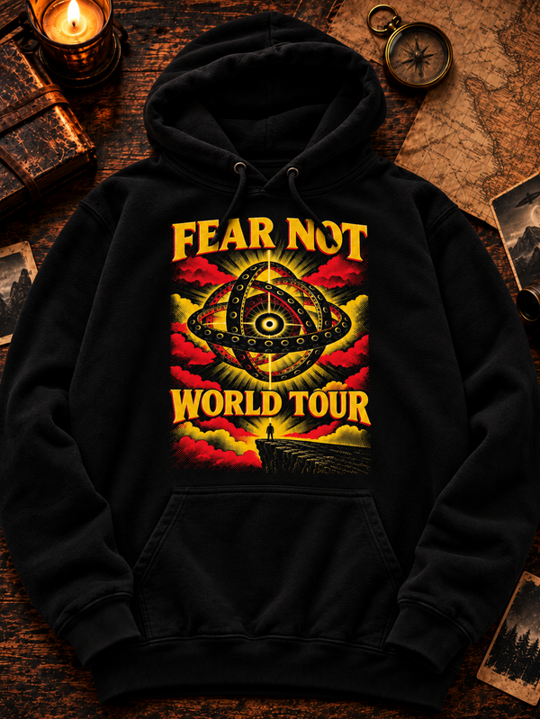 Fear Not World Tour 2.0 Hoodie by TopLobsta, Regular version on Tultex 320 black hoodie, Red print, flat-lay