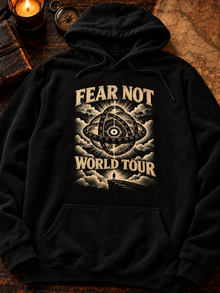 Fear Not World Tour 2.0 Hoodie by TopLobsta, Regular version on Tultex 320 black hoodie, Vintage print, flat-lay