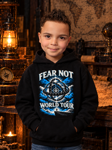 Fear Not World Tour 2.0 Hoodie by TopLobsta, Tultex black hoodie, Blue print, kids' model