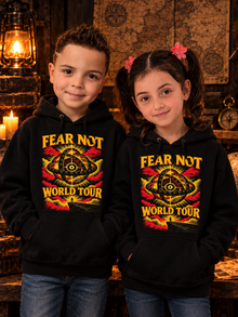 Fear Not World Tour 2.0 Hoodie by TopLobsta, Tultex black hoodie, Red print, kids' model