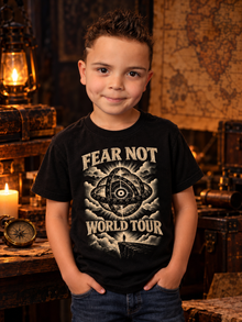 Fear Not World Tour 2.0 T-Shirt by TopLobsta, Tultex black tee, Vintage print, kids' model