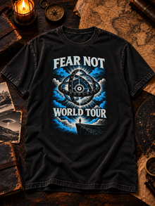 Fear Not World Tour 2.0 T-Shirt by TopLobsta, Premium version on Comfort Colors 1717 black tee, Blue print, flat-lay