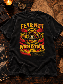 Fear Not World Tour 2.0 T-Shirt by TopLobsta, Premium version on Comfort Colors 1717 black tee, Red print, flat-lay