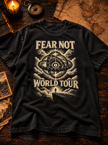 Fear Not World Tour 2.0 T-Shirt by TopLobsta, Premium version on Comfort Colors 1717 black tee, Vintage print, flat-lay