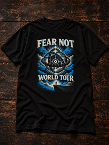 Fear Not World Tour 2.0 T-Shirt by TopLobsta, Regular version on Tultex 202 black tee, Blue print, flat-lay