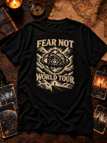 Fear Not World Tour 2.0 T-Shirt by TopLobsta, Regular version on Tultex 202 black tee, Vintage print, flat-lay