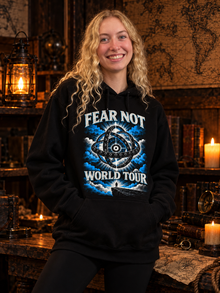 Fear Not World Tour 2.0 Hoodie by TopLobsta, Tultex black hoodie, Blue print, women's model