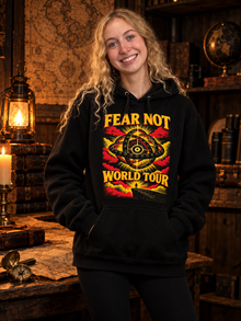 Fear Not World Tour 2.0 Hoodie by TopLobsta, Tultex black hoodie, Red print, women's model