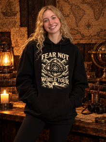 Fear Not World Tour 2.0 Hoodie by TopLobsta, Tultex black hoodie, Vintage print, women's model