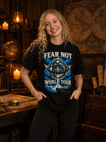 Fear Not World Tour 2.0 T-Shirt by TopLobsta, Tultex black tee, Blue print, women's model
