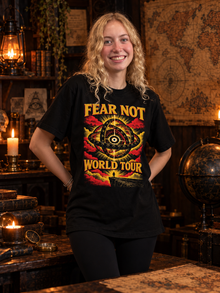 Fear Not World Tour 2.0 T-Shirt by TopLobsta, Tultex black tee, Red print, women's model