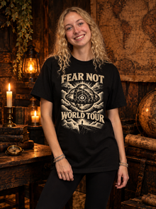 Fear Not World Tour 2.0 T-Shirt by TopLobsta, Tultex black tee, Vintage print, women's model