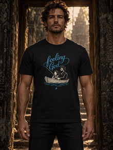 Man wearing black Fooling God Christian fishing T-shirt