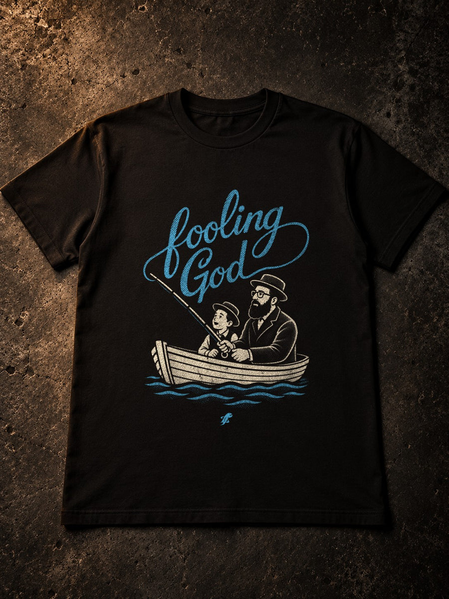 Fooling God Christian fishing shirt flat lay, black tee with blue Fooling God lettering