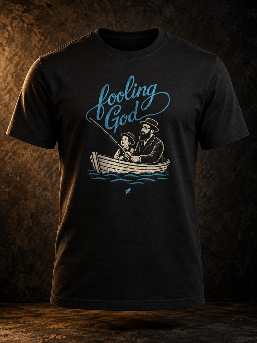 Black Fooling God Christian fishing T-shirt front view with father and son rowboat graphic and TopLobsta claw