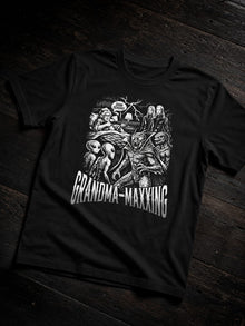 Black Grandma-Maxxing T-shirt by Nephilim Death Squad: comic-style grandma in bed with a shotgun facing aliens and demons