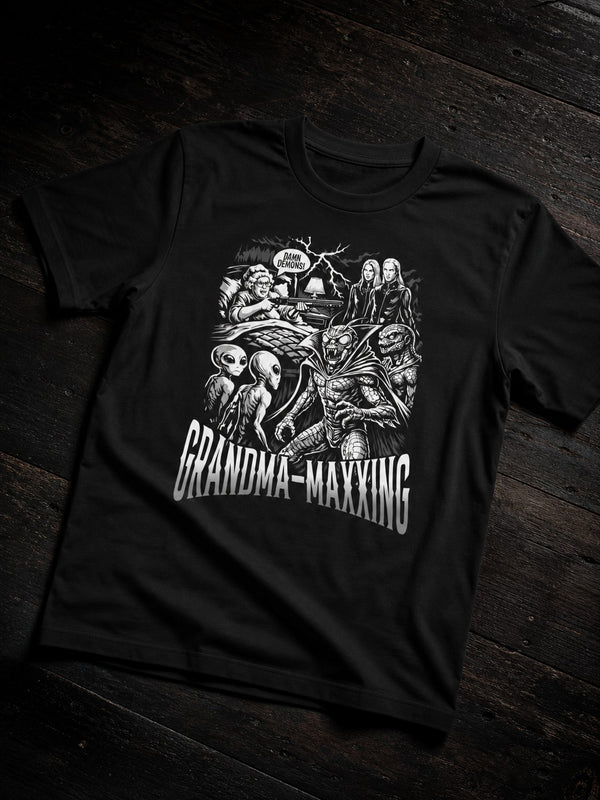 Black Grandma-Maxxing T-shirt by Nephilim Death Squad: comic-style grandma in bed with a shotgun facing aliens and demons