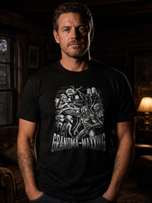 Man wearing the black Grandma-Maxxing T-shirt by Nephilim Death Squad in a dim cabin living room